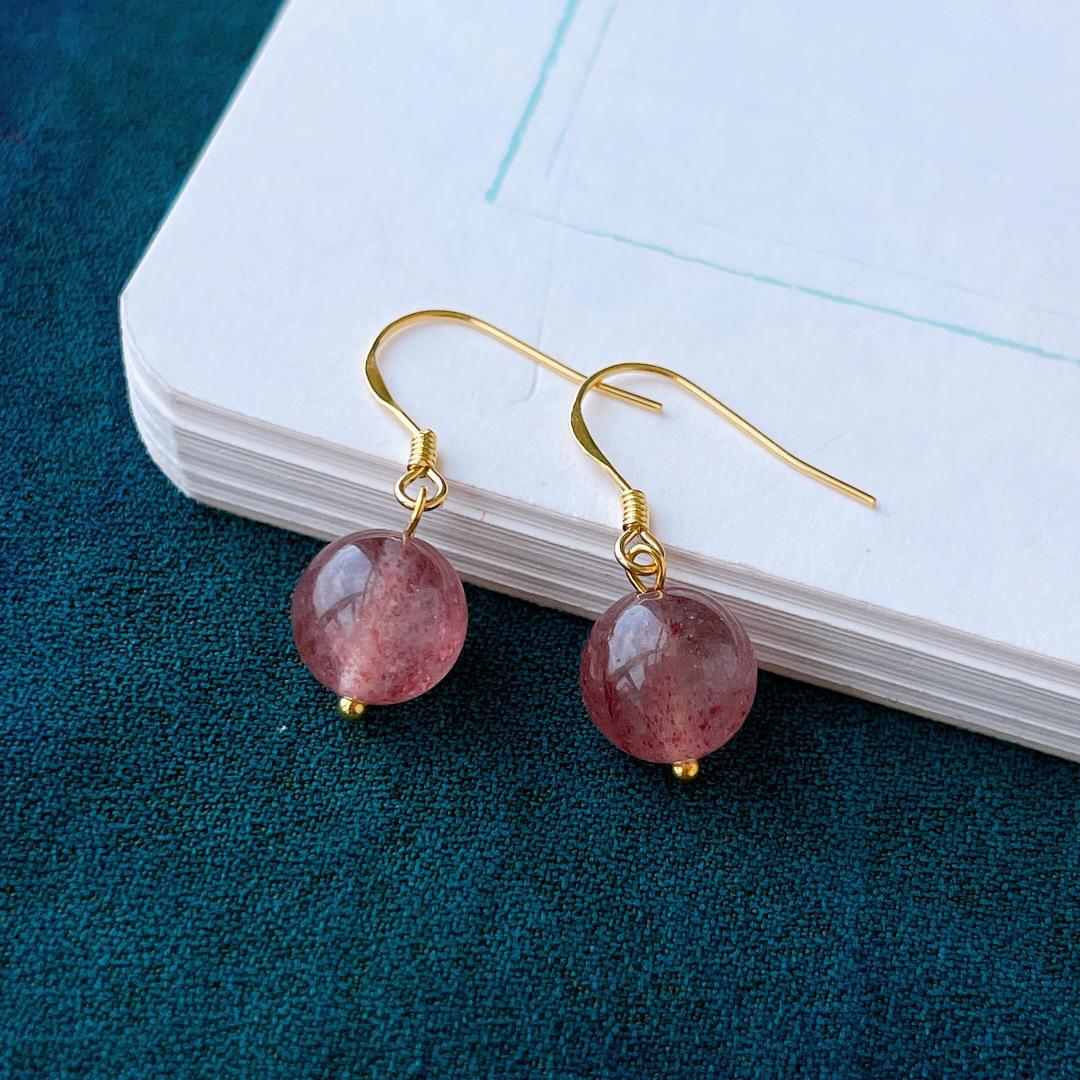 Pink 10mm Strawberry Quartz Dangle Earrings with Gold Plated 925 Sterling Silver Hooks.