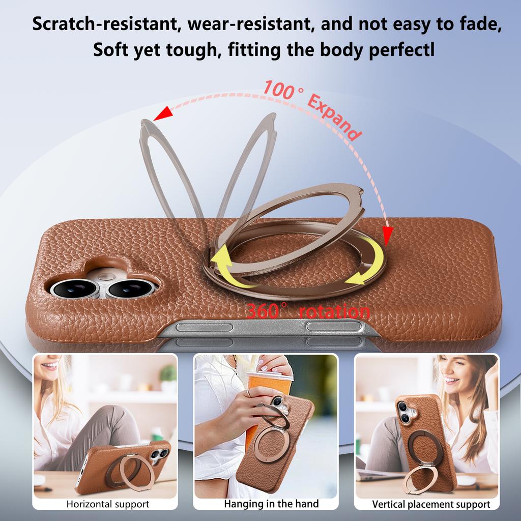 360 Rotating Magnetic Kickstand Lychee Grain Leather Phone Case For iPhone 17 Pro Max 16 Plus 15 14 13 12 11 Shockproof Cover