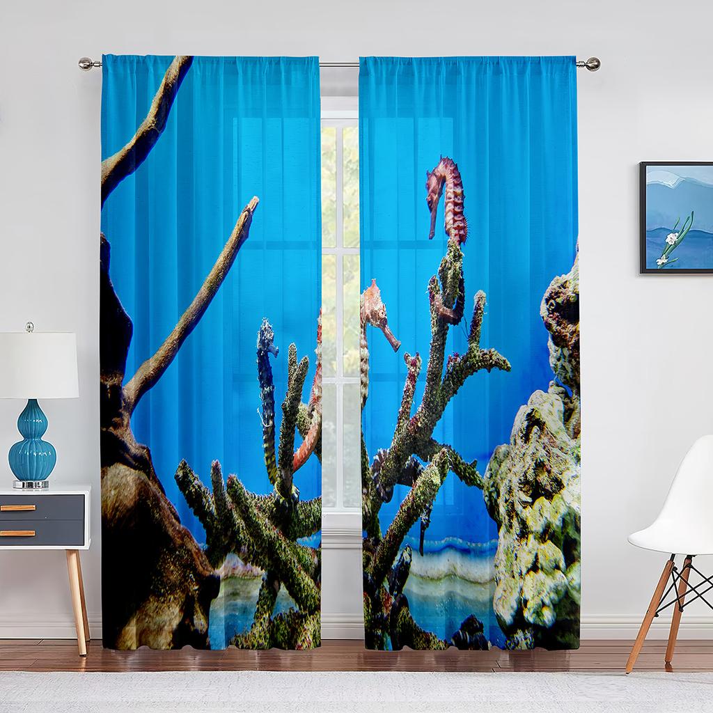 Ocean Seahorse Blue Sheer Voile Curtain Underwater Marine Life Window Tulle Curtains for Living Room Bedroom Kitchen Decoration
