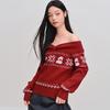 LEDIN Fair Isle Bow Collar Red Knit Sweater