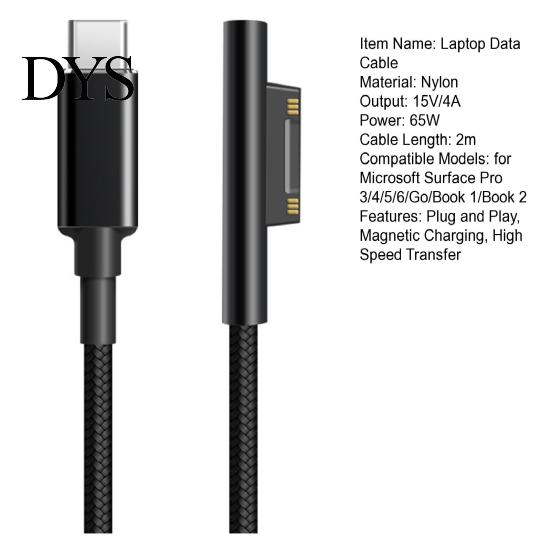 Laptop Charger Cable 65W 15V 4A Charging Magnetic High Speed PD Fast Charge Type-C Notebook Cord Power Adapter Converter for Microsoft Surface