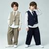 Boys Formal Suit Set Khaki Vest Striped Shirt Elastic Waist Pants Tie Gentleman Outfit for Wedding Party Birthday Performance