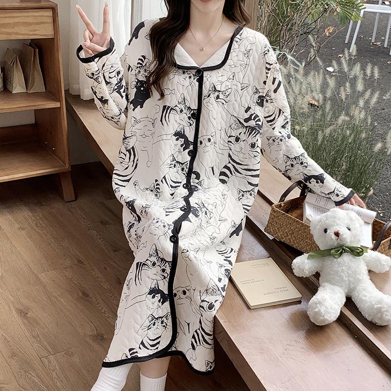 Umstandspajamakleid aus Luftbaumwolle für Herbst/Winter - Übergröße für pränatale, Krankenhaus- und postpartale/Stillzeit-Nutzung