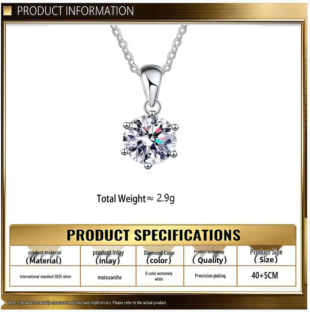 S925 Sterling Silver Moissanite Necklace with Six-Claw Pendant - Women's Unique Design