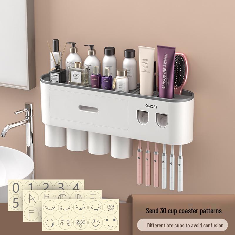 Punch-Free Wall-Mounted Toothbrush & Mouthwash Cup Set with Electric Toothpaste Dispenser