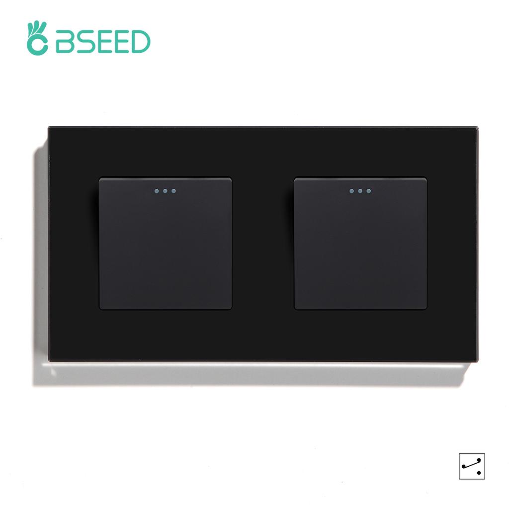 BSEED 1/2/3Gang Mechanical Light Switches 2way For Stairs Corridors with EU Power Sockets USB Type-c Ports Glass Panel Black