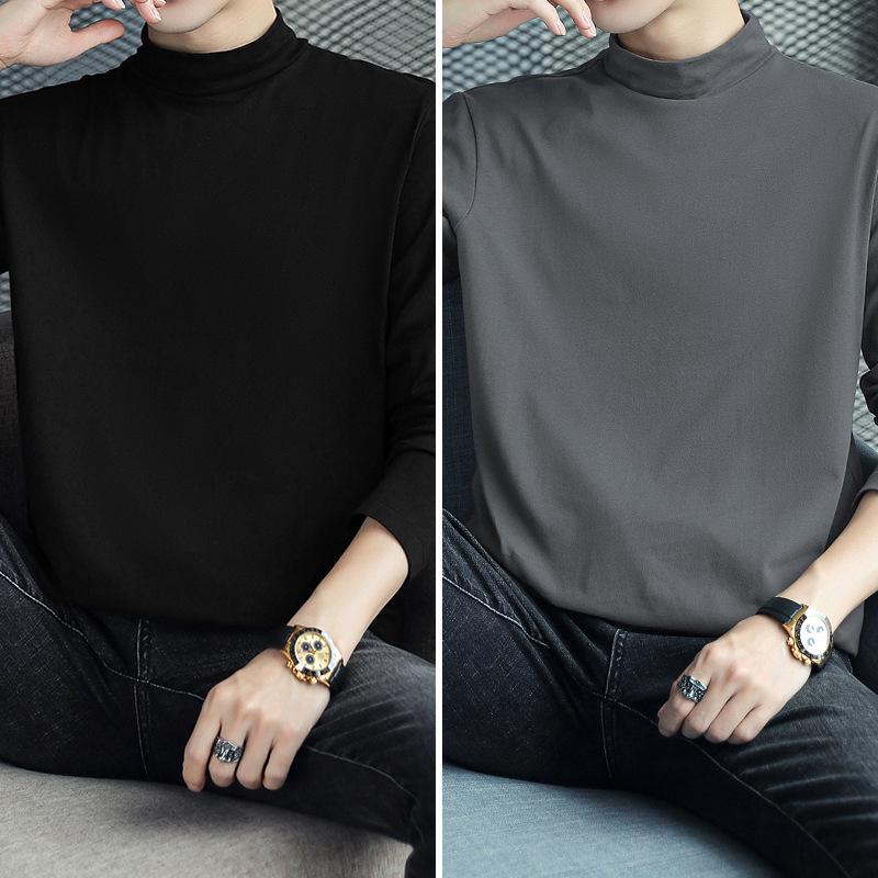 Men's Long Sleeve Cotton T-Shirt, Semi-High Neck, Solid Color Base Layer for Autumn/Winter
