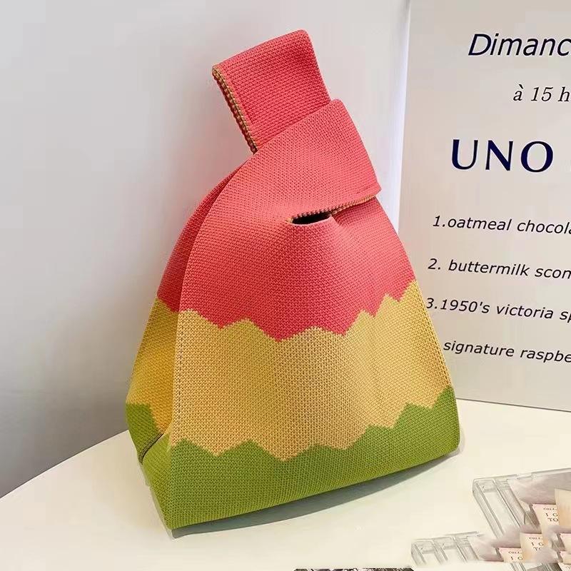 Women's Knot Wrist Bag Handmade Knitted Bag Portable Mini Striped Tote Bucket Phone Bags Large Capacity Autumn Winter Handbags