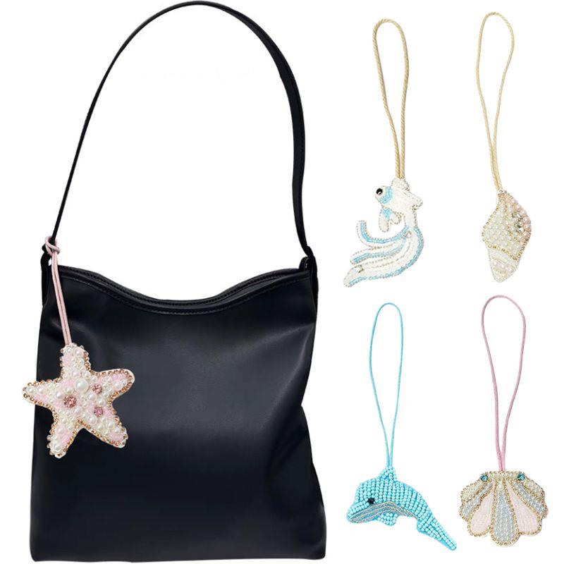 3D Beaded Conch Shells Starfish Hanging Rope Keychain Rhinestone Beaded Patches Crystal Bag Charm Handmade Hanging Decoration