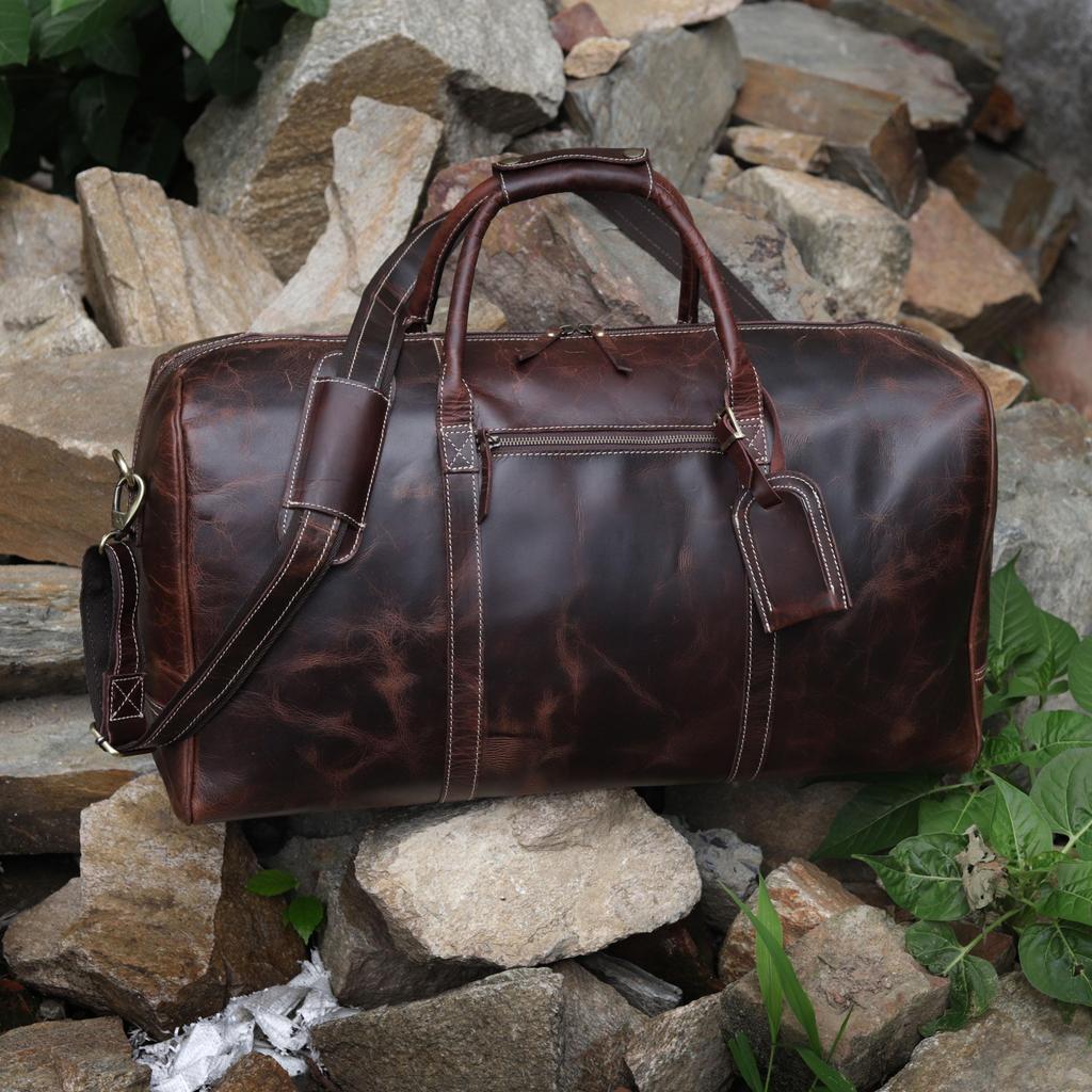 Handmade Top Grain Leather Duffle Bag: 21-inch Travel Weekender