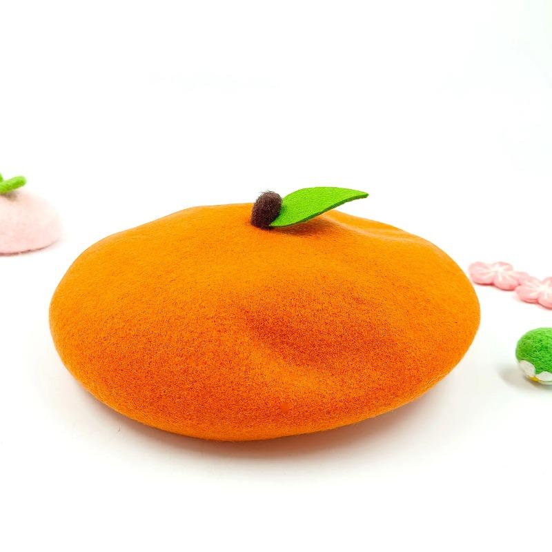 Women's Beret Handmade DIY Fruit Green Apple Painter Hat Cute Girl Little Leaf Woolen Hat Autumn and Winter Outdoor Warm Beanie