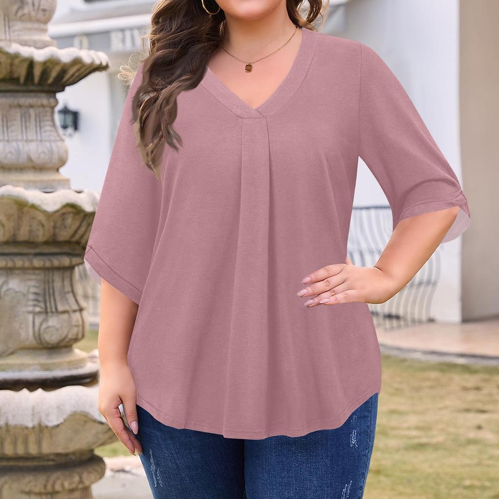 Women's Fashion Large Size Solid Color V-Neck Three-quarter Sleeve Top