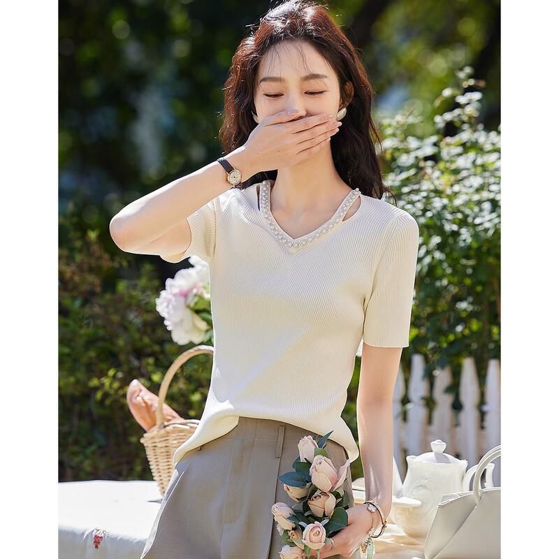 Women's French V-Neck Beaded Hollow-Out Knit Top