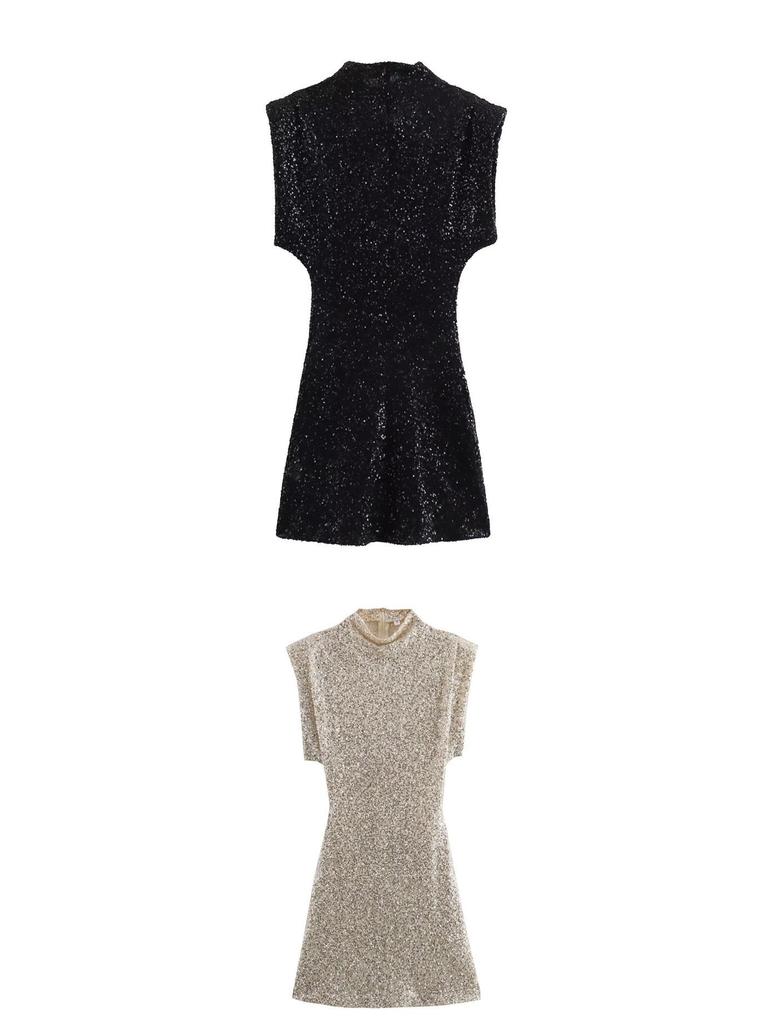 European Style 2026 Women's Sequined Evening Gown - Elegant, Padded Shoulders, Slim Fit, Sexy Beaded Design.