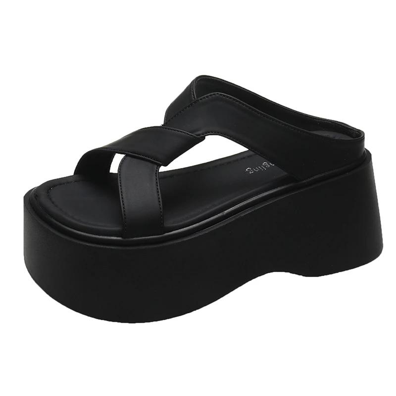 Letnie Klapki Damskie Klapki Plażowe Damskie Grube Skórzane Buty Sandały na Koturnie Zewnętrzne Damskie Klapki na Wysokiej Platformie 8CM