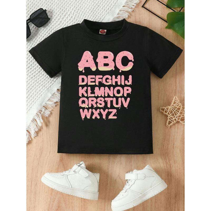European Size Girls Round-neck Short-sleeved T-shirt with Cute Cartoon Letter Print