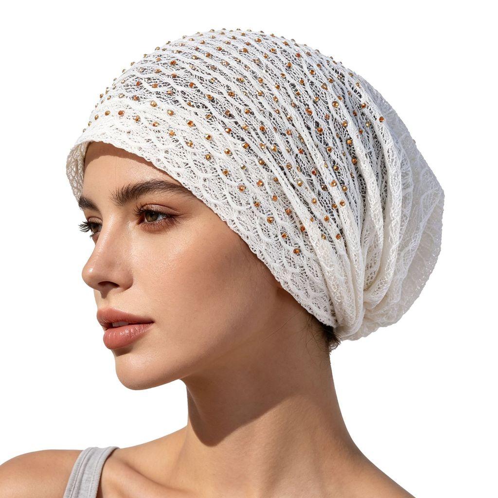 Ethnic Hat Women Spring Summer Thin Breathable Lace Water Drilling Fashion Headscarf Cap