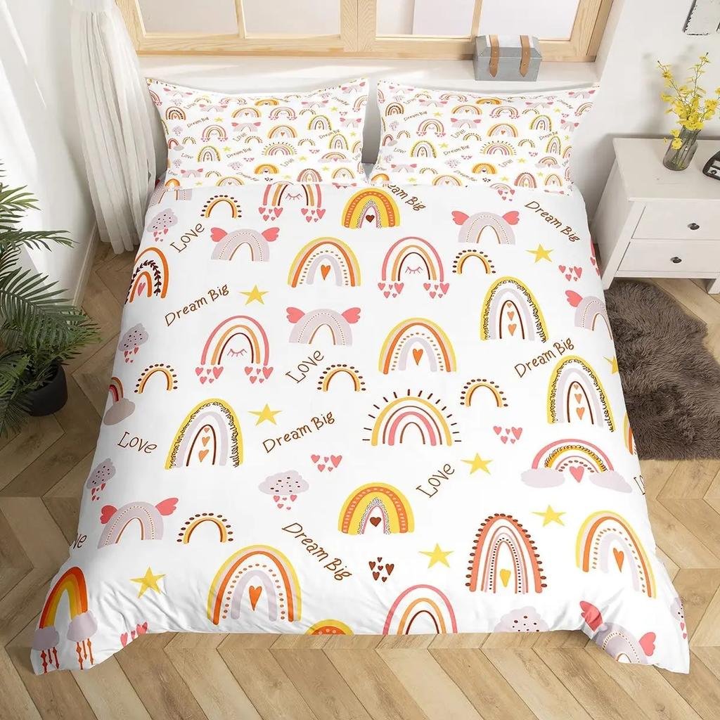 Comforter Rainbow Heart Love Bedding Set Microfiber Colorful Rainbow Clouds Comforter Twin King Size For Kids Girls