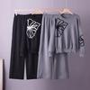 Womens Elegant Knit Set With Floral Embroidery Crewneck Sweater Wide-Leg Casual Pants