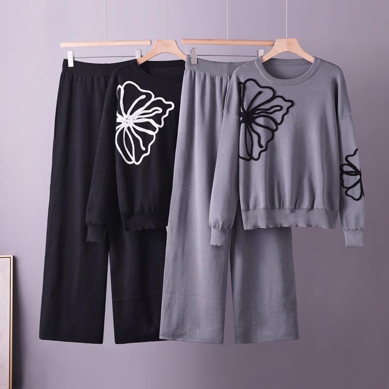 Womens Elegant Knit Set With Floral Embroidery Crewneck Sweater Wide-Leg Casual Pants