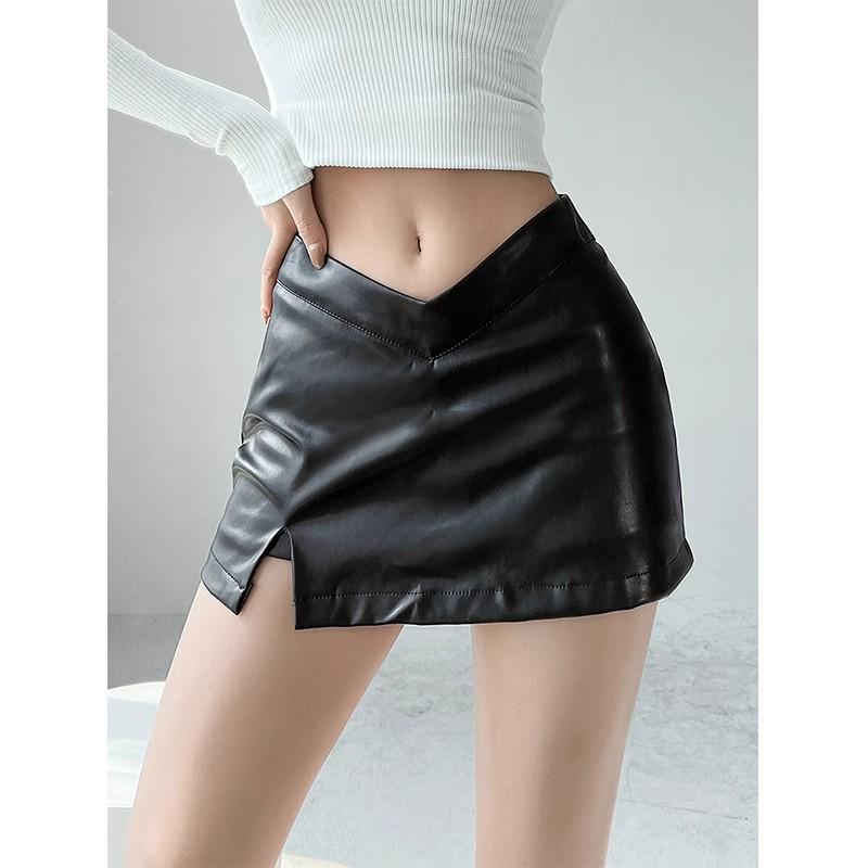 Petite Women's Autumn 2024 Black High Waist PU Leather Slit Bodycon A-line Mini Skirt