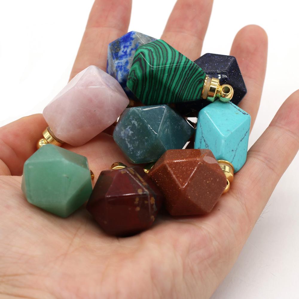 Natural Stone Perfume Bottle Pendant Polygon Semi-precious for Jewelry Making DIY Necklace Accessory