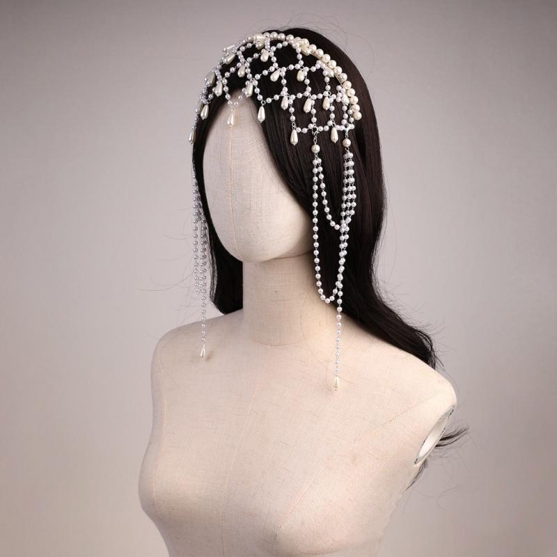 Women Hairband Pearls Hair Jewelry Bridal Modern Blingbling Tassels Pearls for Bride Wedding Party Head Chain