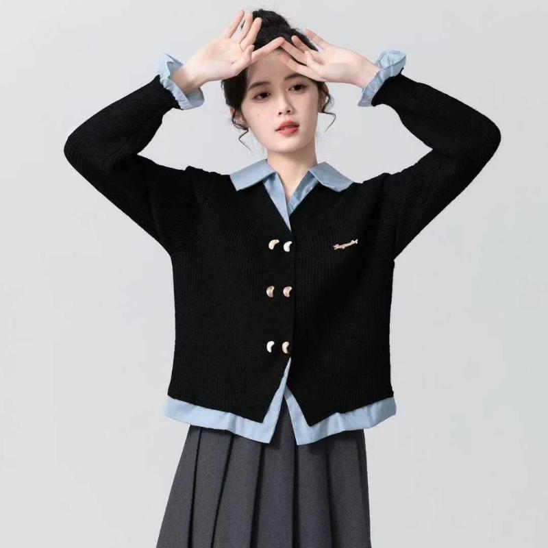 

Fake two-piece neck sweater women s spring and autumn new college style splicing knitted cardigan jacket short top average size 80-145