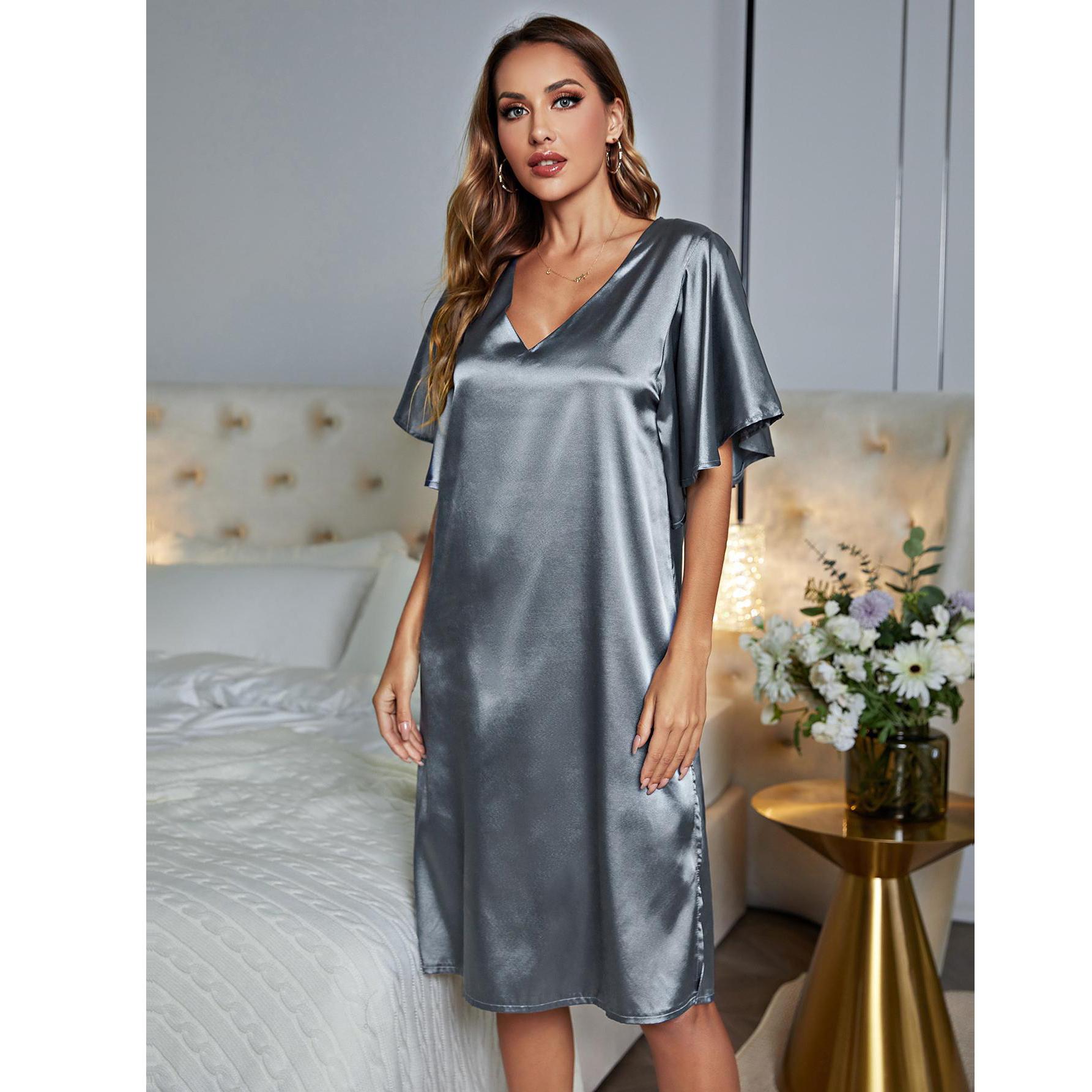

Женская атласная пижама с v-образным вырезом, ночная рубашка с короткими рукавами, свободное платье для сна, летняя удобная повседневная одежда для дома и отдыха XL синий