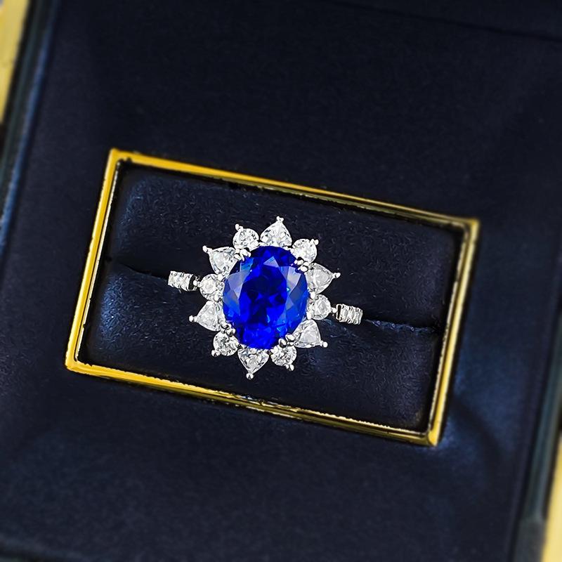 2025 S925 Silver Blue Flower Oval Ring - European & American Style