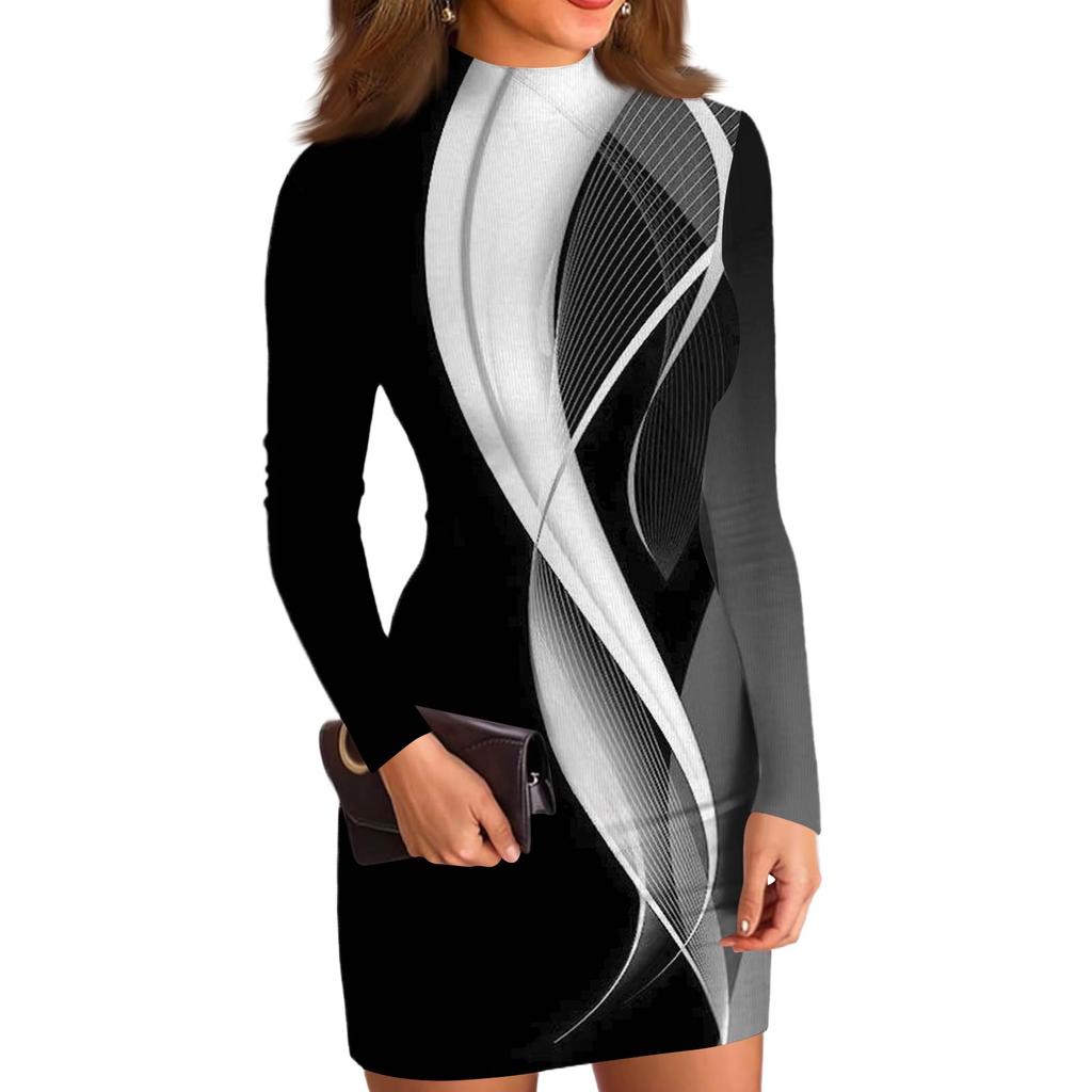 Women's High-Neck Casual Long-Sleeved Printed Slim-Fit Dress