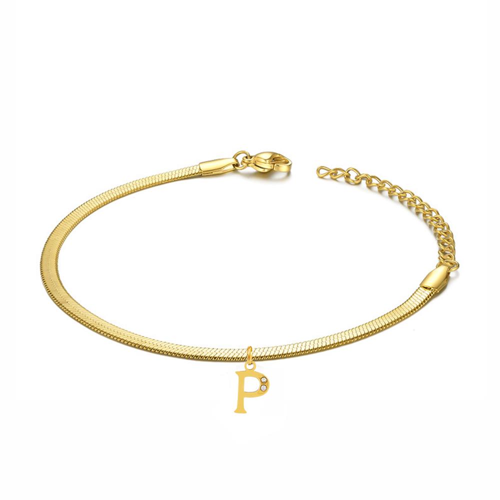 Punk 3mm Flat Snake Chain Bracelet Female Gold Color Stainless Steel Alphabet Initial Letter Charm Bracelet for Women Jewelry