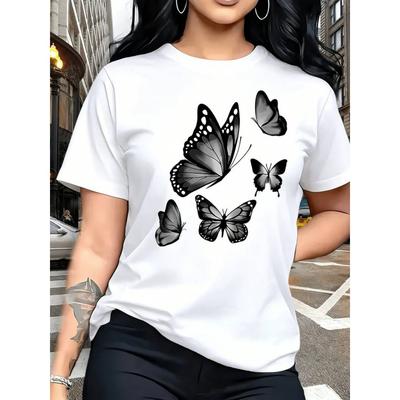 Women Crew Neck Short Sleeve T-shirt Gradient Butterfly Graphic Tee Casual Loose Daily Wear Ladies