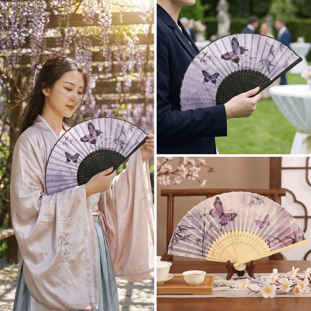 Butterfly Pattern Silk Folding Fan Chinese Style Handheld Fan Portable Decorative Fan Party Props