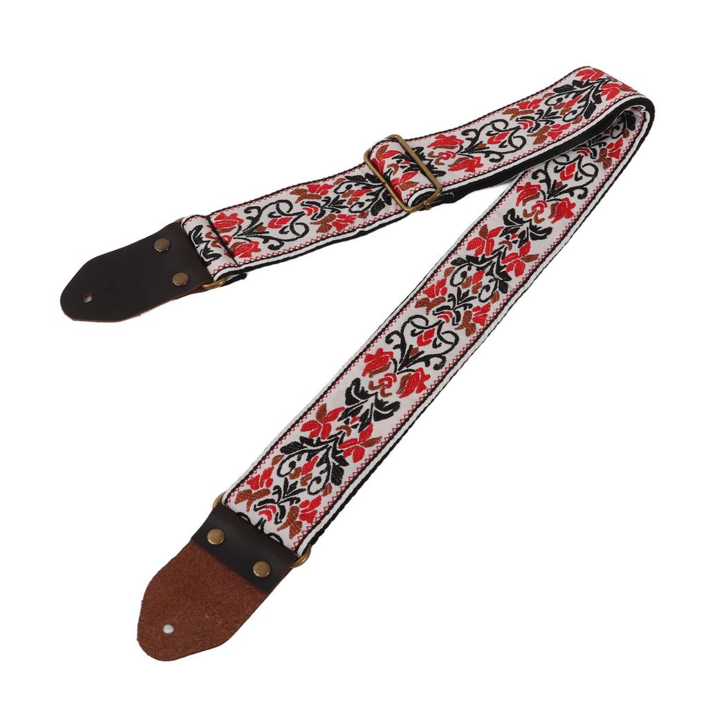 Guitar Strap Leather Head for Acoustic Electric Embroidered Jacquard Vintage Floral PatternWhite