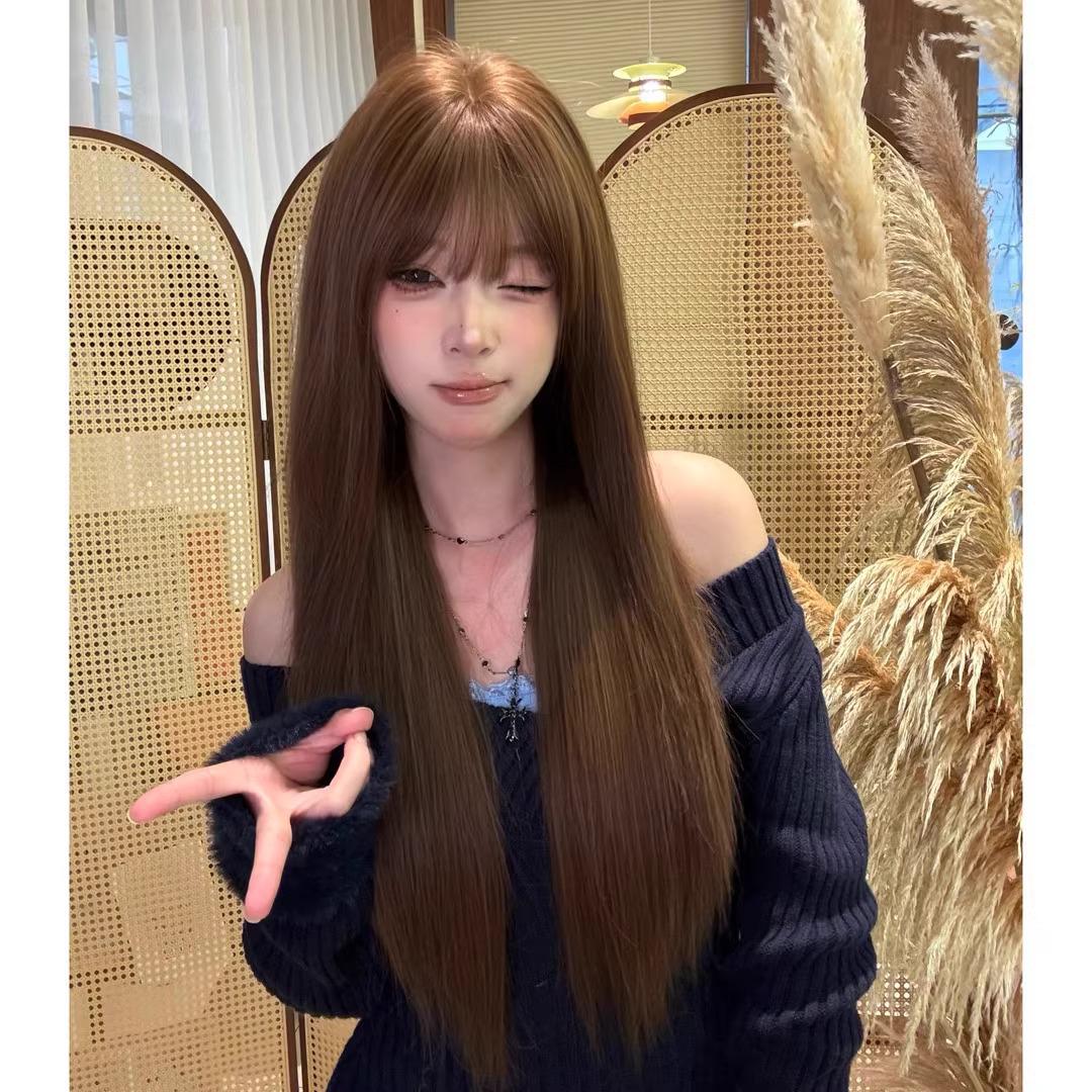 

Парик Gu Zao Baby с длинной прямой челкой, теплый каштановый, реалистичный и пушистый Wig + 7-piece Set