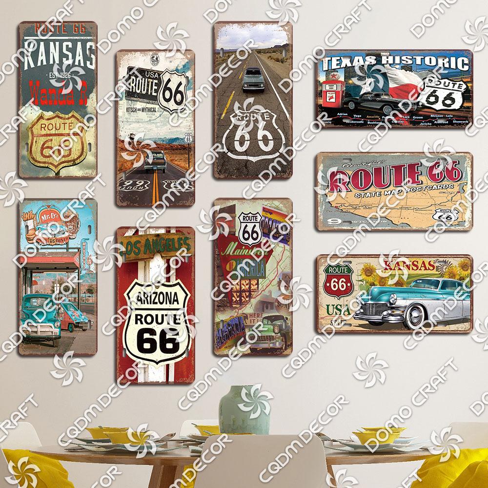 Retro Route 66 License Metal Tin Signs Vintage Road Trip Car Metal Plate Garage Club Gas Station Car Wall Decor