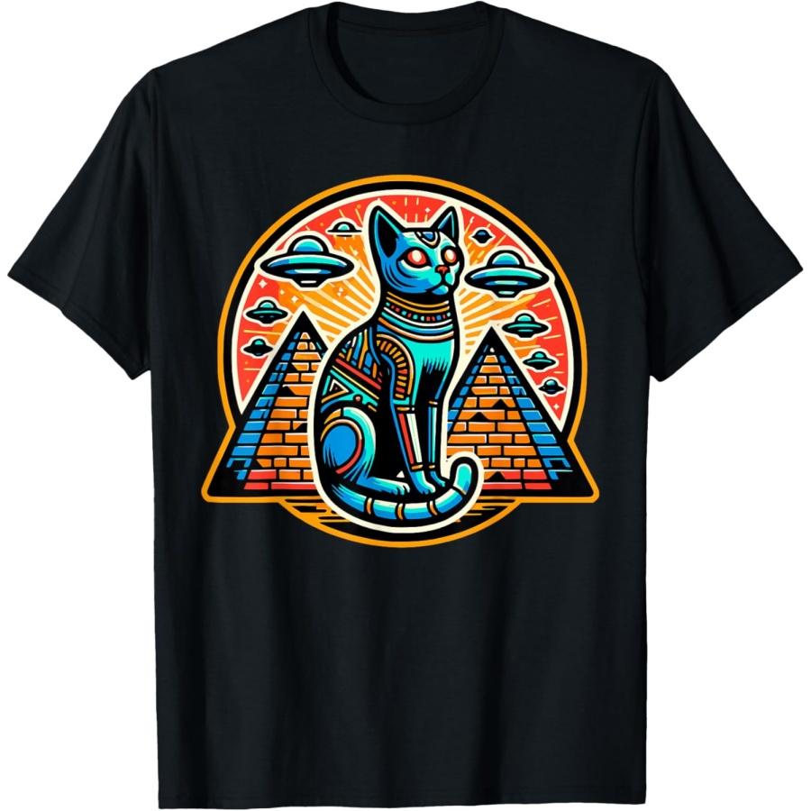 Retro Cat Pyramids Egyptian Cat UFO Aliens Abduction T-Shirt for Men Women Kids XXXXXL чёрный