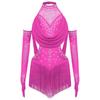 Dívčí latinskoamerický taneční outfit Nařasený síťovaný design Výřez Třásně Třpytivé kamínky Leotard s odpovídajícími rukavicemi