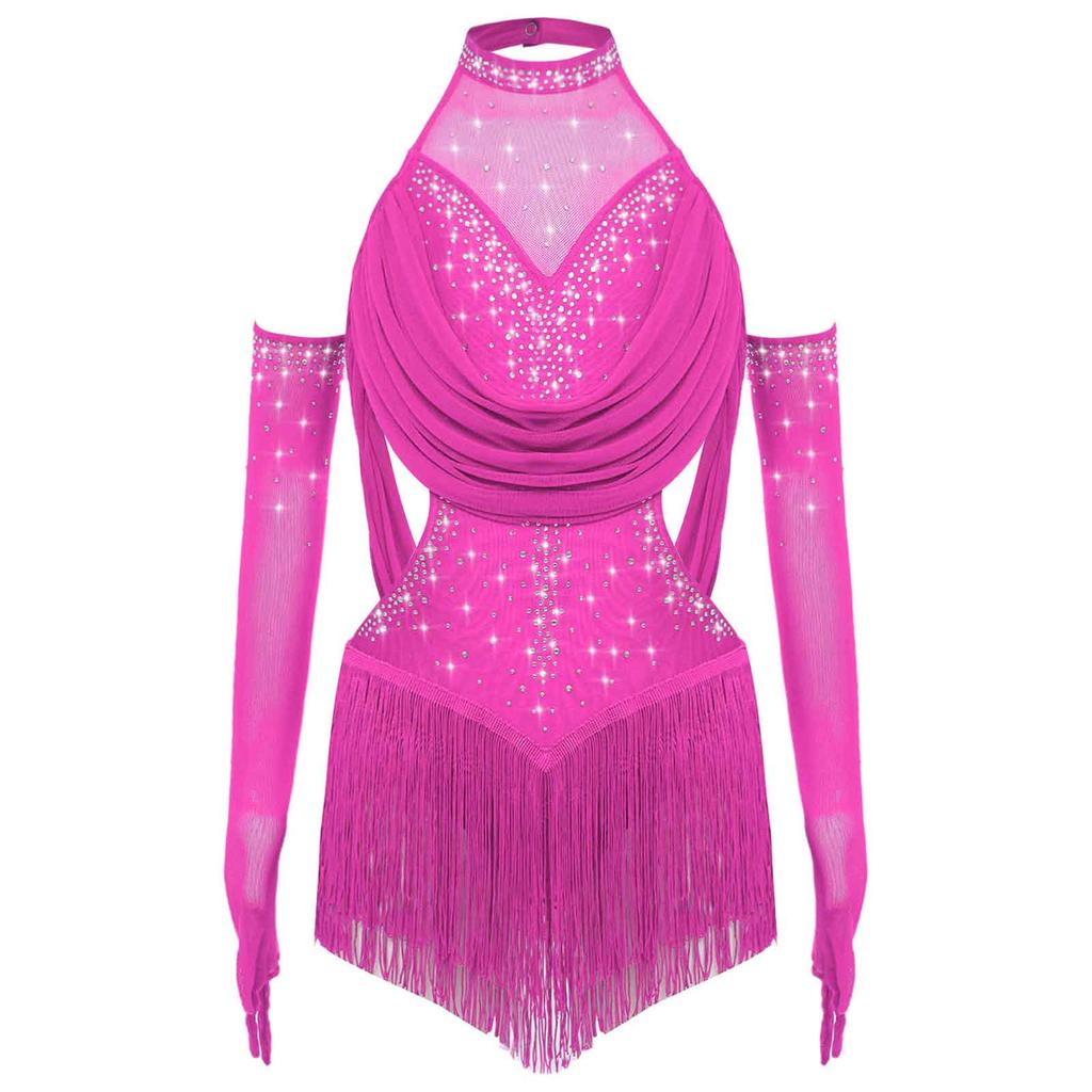 Jenter Latin Dansedrakt Rynket Mesh Design Utringning Dusker Glimrende Rhinestones Leotard med Matchende Hansker