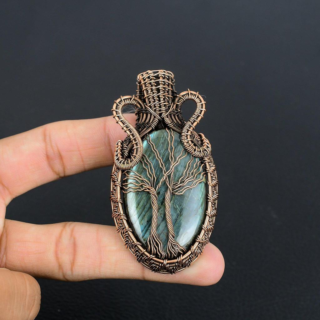 Tree Of Life Labradorite Pendant, Handmade Gemstone 999 Copper Wire Wrapped Antique Jewelry, For Gift Silver Jewelry