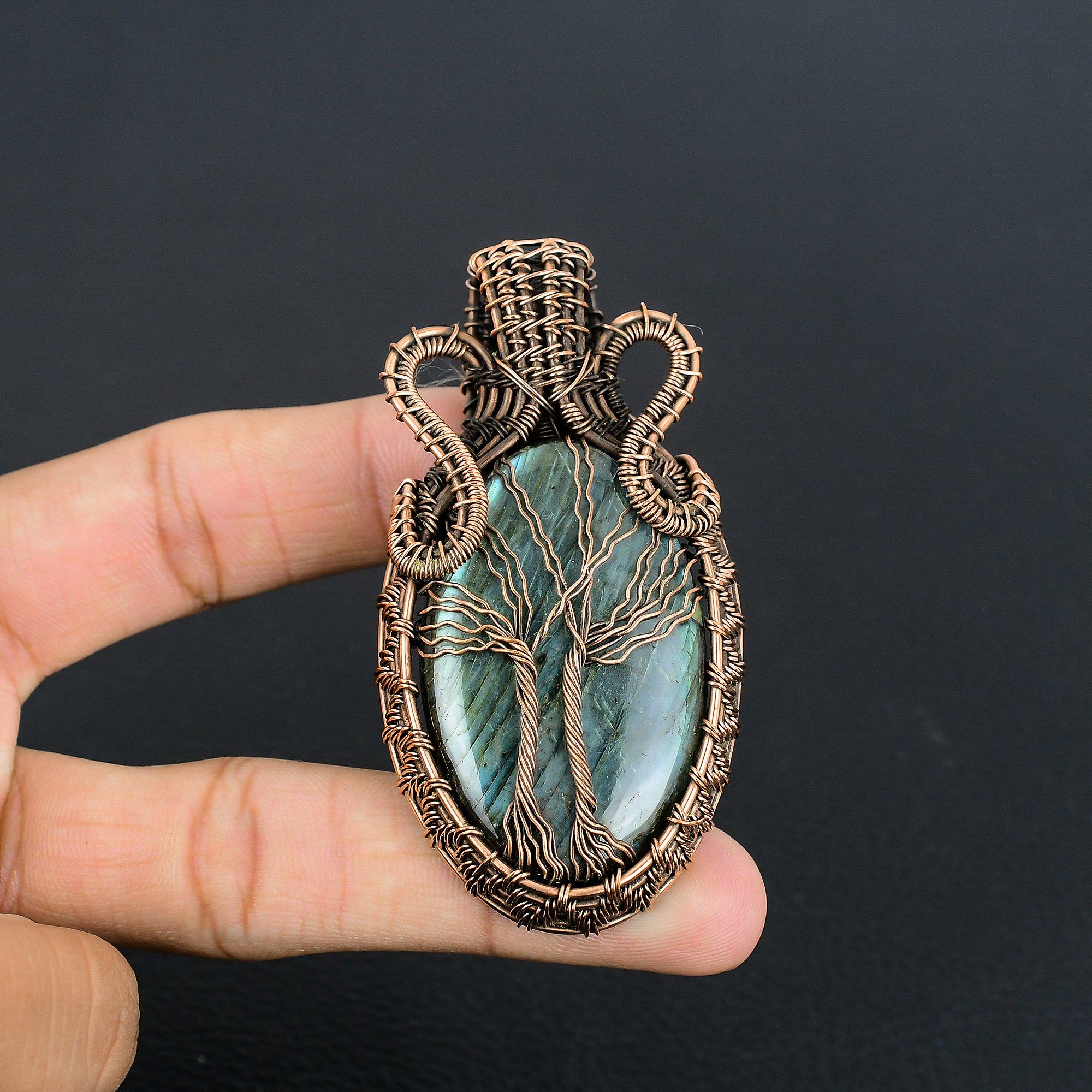 

Tree Of Life Labradorite Pendant, Handmade Gemstone 999 Copper Wire Wrapped Antique Jewelry, For Gift Silver Jewelry 2.28 Inches