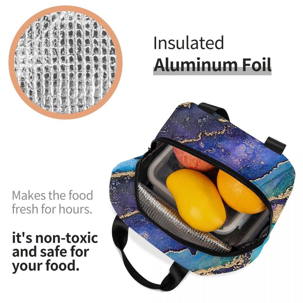 Blue Purple Gilded Luxury Gold Marble Insulated Lunch Bag for Women Cooler Thermal Food Box Tote Portable Lunch Boxes Container
