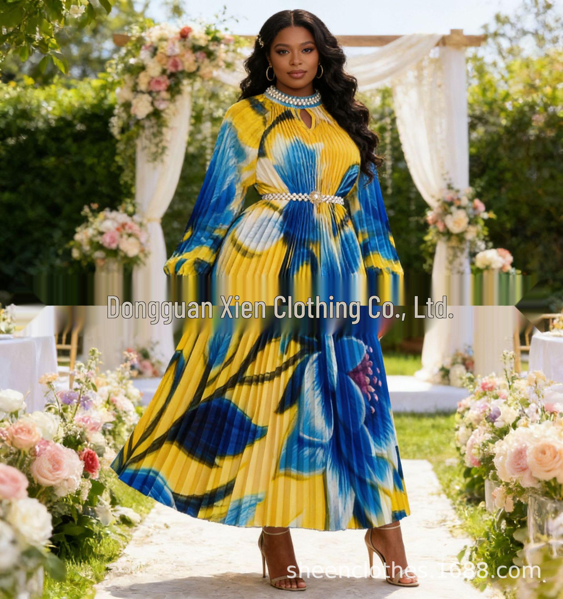 Miayki Elegant Pleated Beaded Lantern Sleeve Plus Size Dress with Ruffles - Women s Fashion One Size