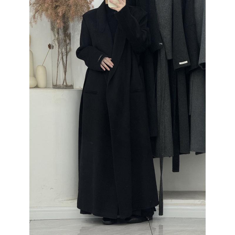 Bathrobe Style Front Shoulder Double-sided Wool Coat Winter Extended Over-knee Belt Long Hair Thickened Woolen Coat