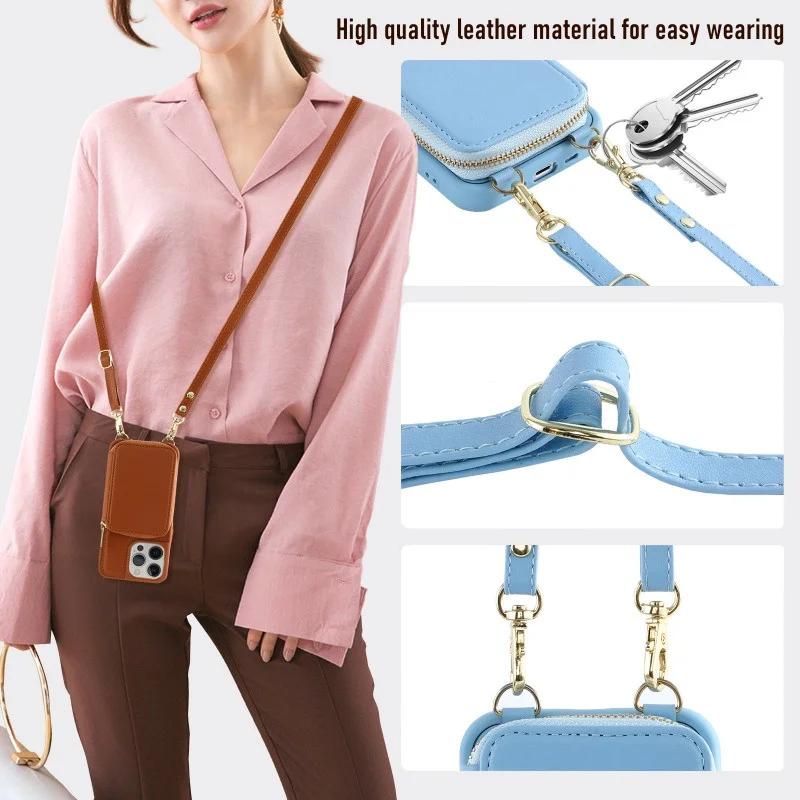 Crossbody Long Strap Leather Phone Case For iPhone 15 Pro Max 14 Plus 13 12 11 Pro Zipper Wallet Card Bag Cover with Lanyard
