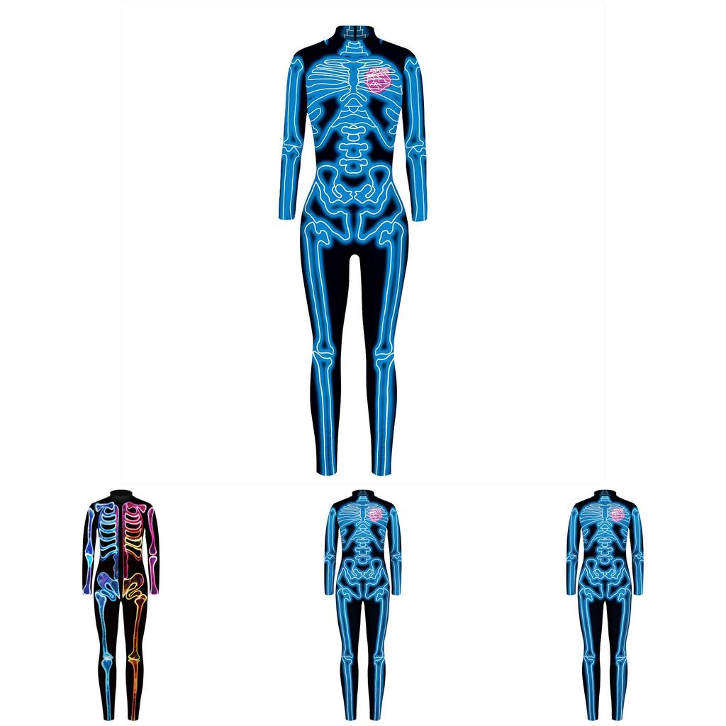 Spooky Skeleton Print Long-sleeved Jumpsuit Halloween Costume For Adults Kids