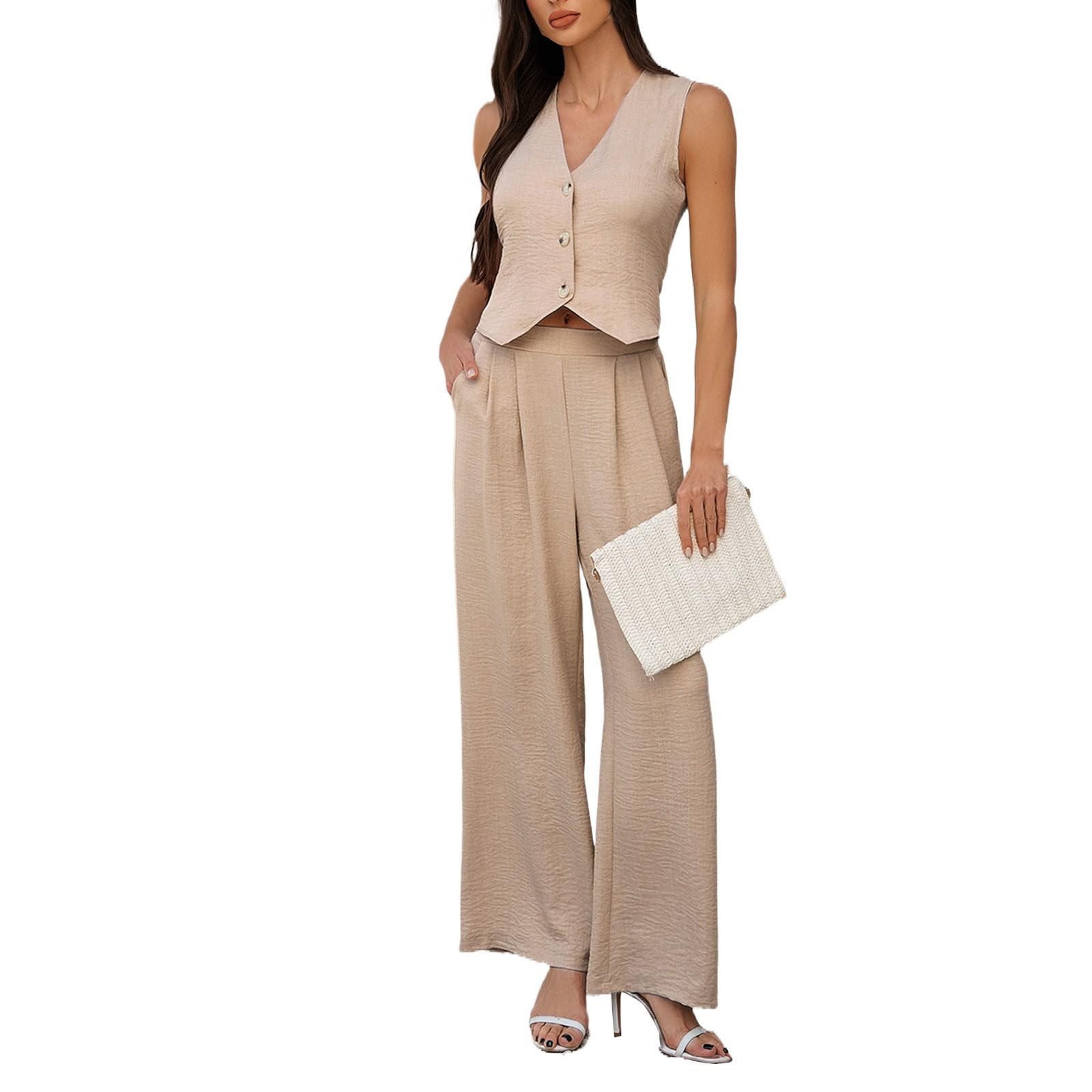 

Женский свободный повседневный однотонный жилет с V-образным вырезом и широкими брюками, комплект из жилета и широких брюк S хаки