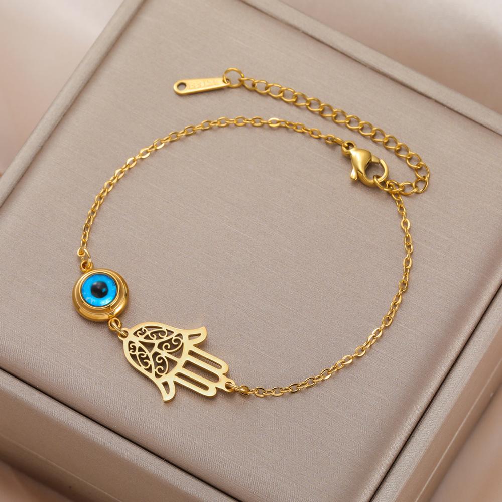 Dawapara Hamsa Evil Eye Bracelet Hand of Fatima Protection Talisman Good Luck Charm Stainless Steel Jewelry