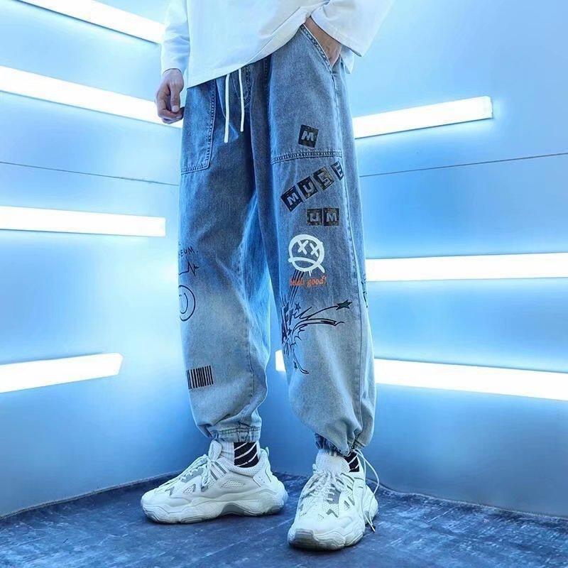 Men Fashion Denim Pants Jeans Vintage Loose Straight Leg Trousers Plus Size